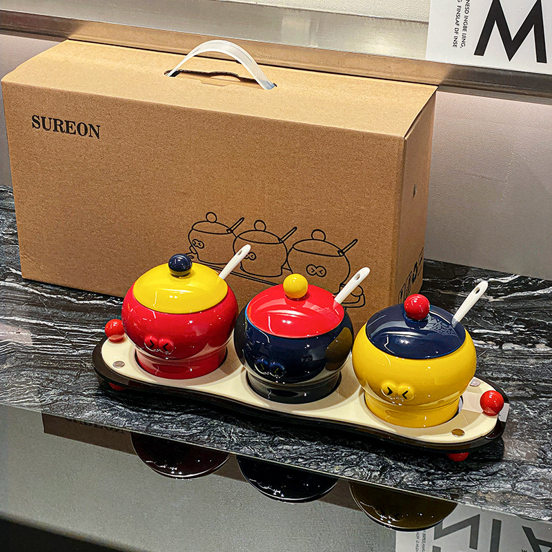 Conjunto de frasco de cerámica original de Shang 'en, frasco de sal de cocina con cuchara, frasco de condimento de cocina, caja de condimento de MSG doméstica