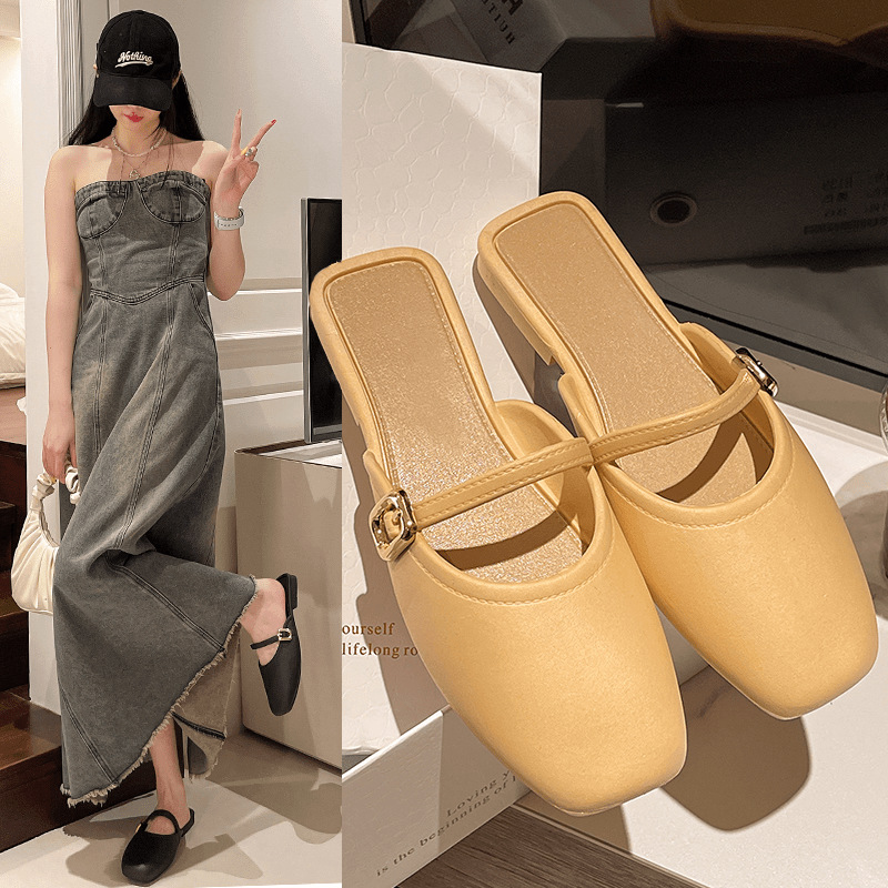 여성용 바오터우 슬리퍼, 미끄럼 방지 샌들, 외출용, 사무실용, 간편한 슬립온, 반슬리퍼, 통기성, 한국 스타일, 플랫