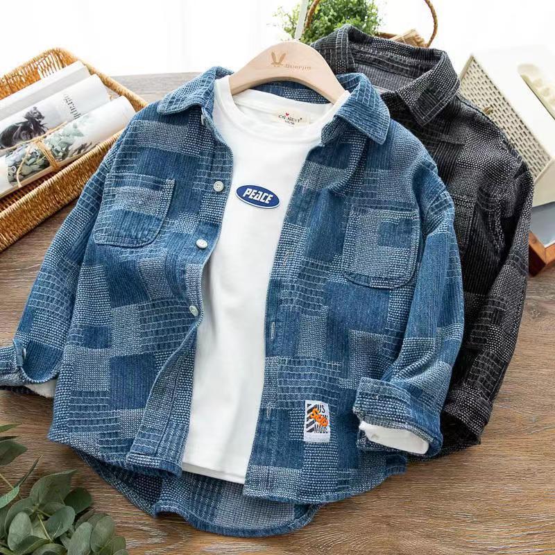 Boys' denim shirt 2024 new autumn clothing children long sleeve casual jacket middle child thin lining shirt top