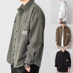 工装衬衫外套男春秋款宽松潮牌休闲百搭上衣纯色开衫翻领夹克男士
