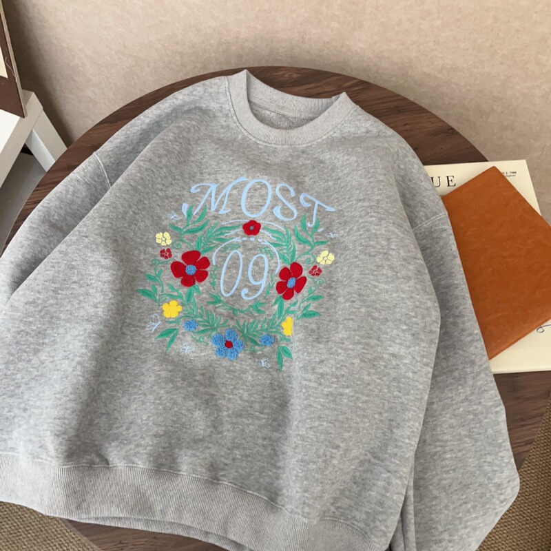早秋植物刺绣韩系简约休闲百搭卫衣女宽松休闲百搭上衣女外套潮|undefined