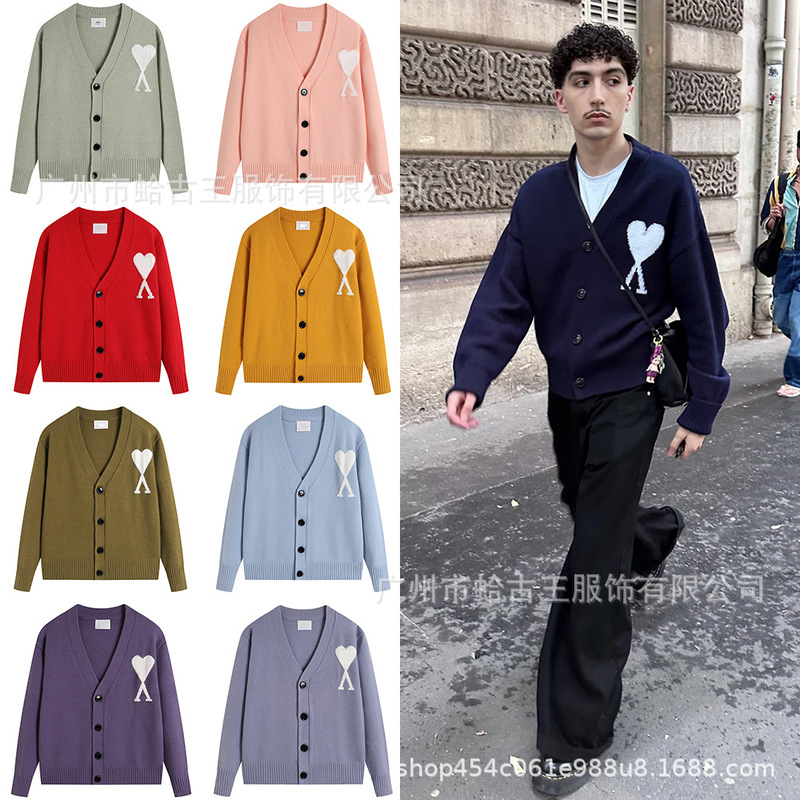 Ami Ancient Autumn and Winter Heart Embroidered Knitted Cardigan for Men and Women Loose Lazy Style Long-Sleeved Sweater Jacket