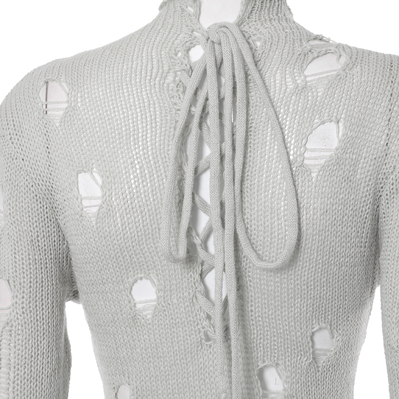 Women Clothing Autumn Winter Holes Long Sleeve Back Strap Woolen Long Conjoined Trousers