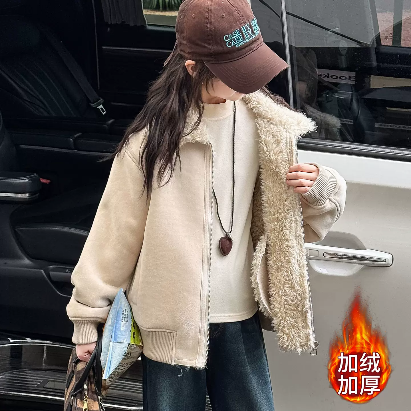 女童秋冬新款儿童中大童小女孩加绒加厚保暖冬季皮毛一体翻领外套