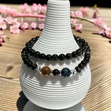 天然金曜石串珠手串猫眼金黑耀石搭配蓝虎眼黄虎眼双圈手链批发