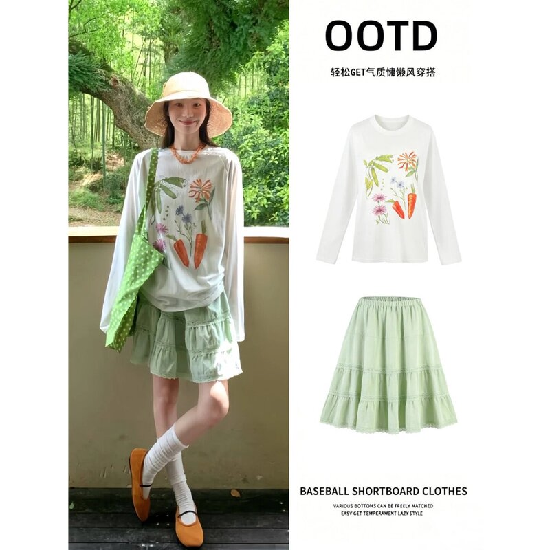 White Holiday Fruit and Vegetable Print T-Shirt for Women, Sun Protection Cover-Up, Sheer Top, Vacation Style, Loose Long-Sleeve, Forest Style Outfit White Holiday Fruit and Vegetable Print T-Shirt for Women, Sun Protection Cover-Up, Sheer Top, Vacation Style, Loose Long-Sleeve, Forest Style Outfit