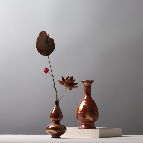 Chinese-style Red Vase Plum Vase Jade Pot Spring Vase Gourd Vase Creative Flower-arranging Decorations Antique Rack Ceramic Ornaments