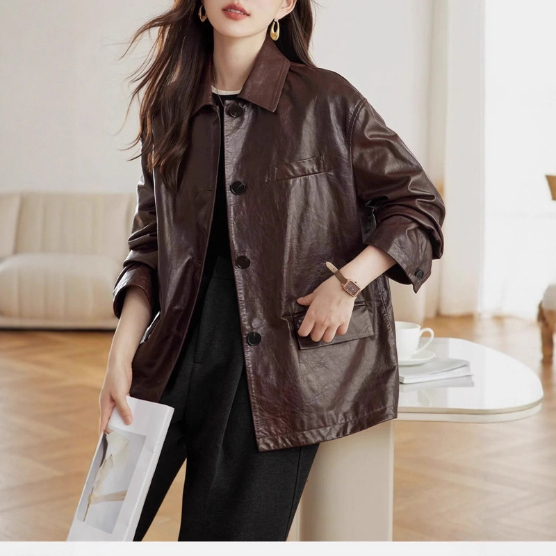 [Same Style as Liu Wen] Genuine Sheepskin Oil Wax Mid-Length Loose Silhouette Casual Leather Jacket for Women 2025