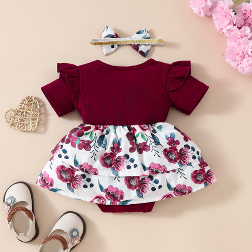 2024 Baby Short Sleeve Letter Triangle Skirt Amazon Girls' Puddle Stripe Double Layer Dress Diaper Cover Headband Summer