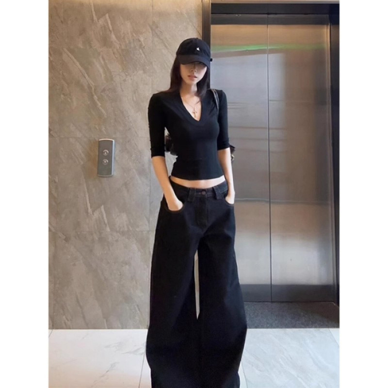 2025早秋新款美式辣妹V领中袖T恤女设计款修身显瘦洋气百搭黑色棉|undefined