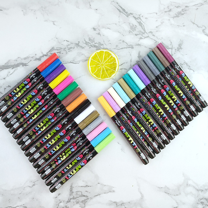 彩色丙烯马克笔 水性笔防水涂鸦黑卡用记号笔28色套装|ru