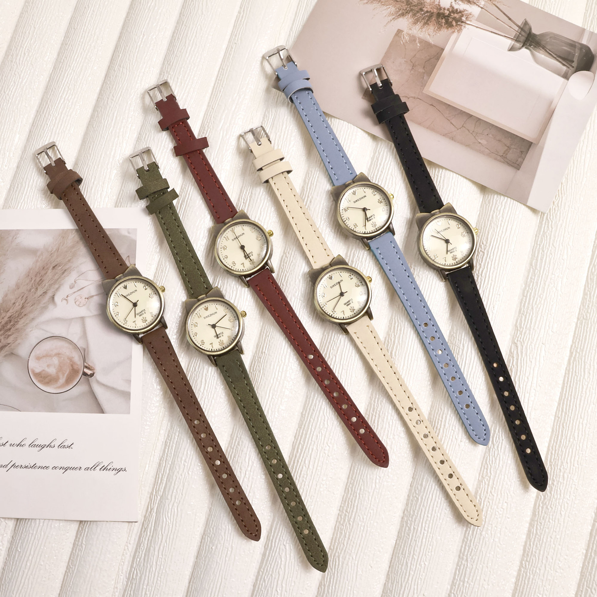 韩版复古古铜猫小圆形手表初高中生小众简约气质文艺女款石英表