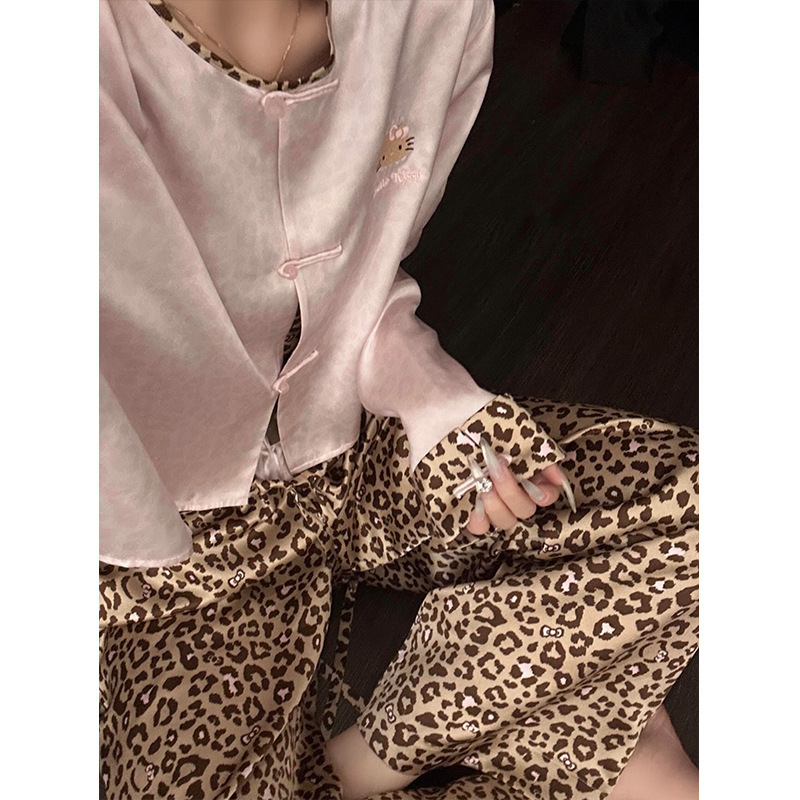 New Chinese Style Hello Kitty Ice Silk Pajamas Women's Spring and Autumn New Satin Pink Long Sleeve Trousers Home Clothing Set