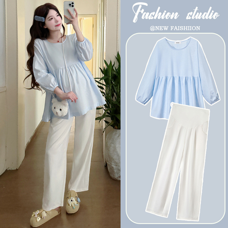Real Shot of Elegant Maternity Wear, Linen Nine-Quarter Sleeve Elegant Baby Shirt, Loose Maternity Top + Casual Belly Support Pants