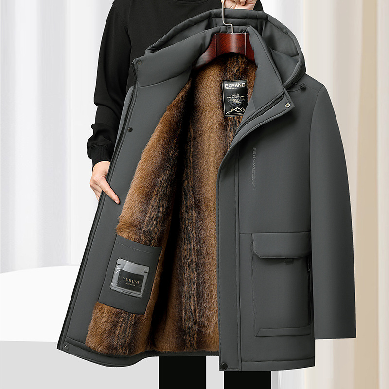Wholesale Hanfu men's cotton-padded jacket, detachable hooded, fleece-lined, thickened mid-length top for middle-aged and elderly men, drop shipping available.