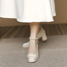 高跟鞋女2024年新款春夏季法式中粗跟單鞋女方頭淺口鞋