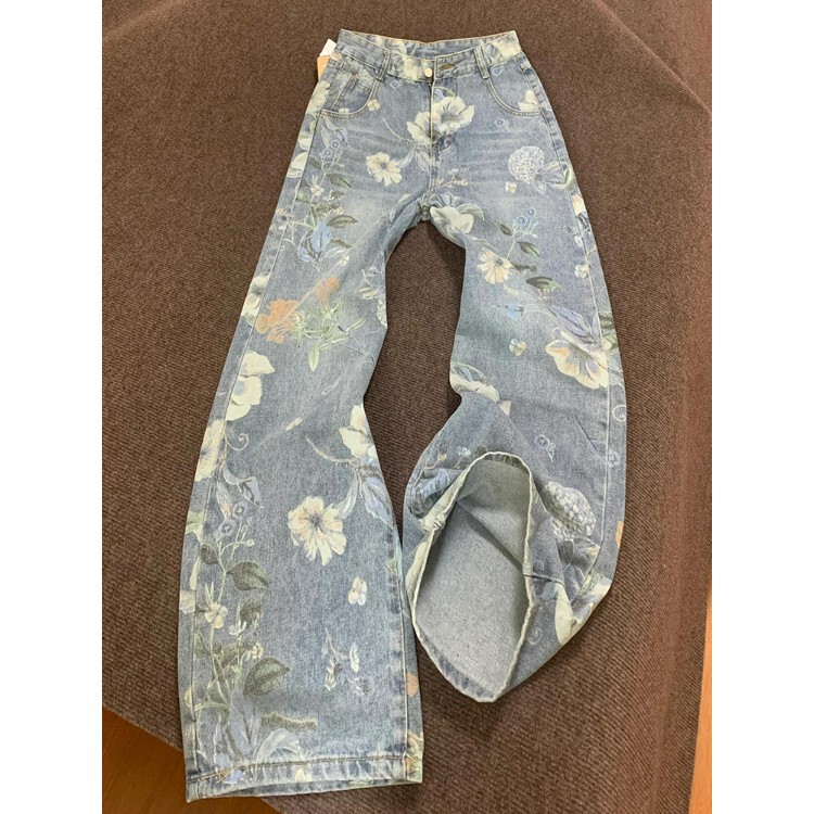[Exclusively for Cross-Border Trade] American Retro Floral All-Over Print Distressed Jeans, Street-Style Washed Straight-Leg Long Pants