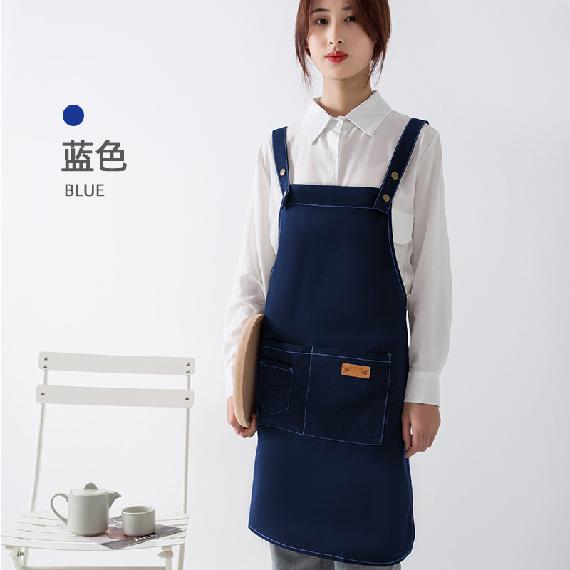 新款涤棉帆布厨房围裙背带式广告logo日韩简约防污餐厅工作服围裙|undefined