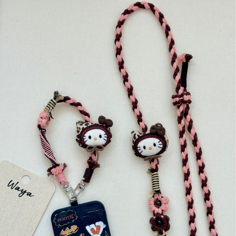 Vintage Kitty Forest-Style Cute Keychain, Handmade Woven Adjustable Crossbody Phone Chain, Phone Lanyard Ins