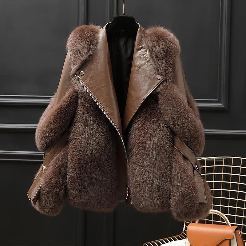 New Year's New Fur All-In-One Motorcycle Jacket Haining Imitation Fox Fur Jacket Fashionable and Girly Style