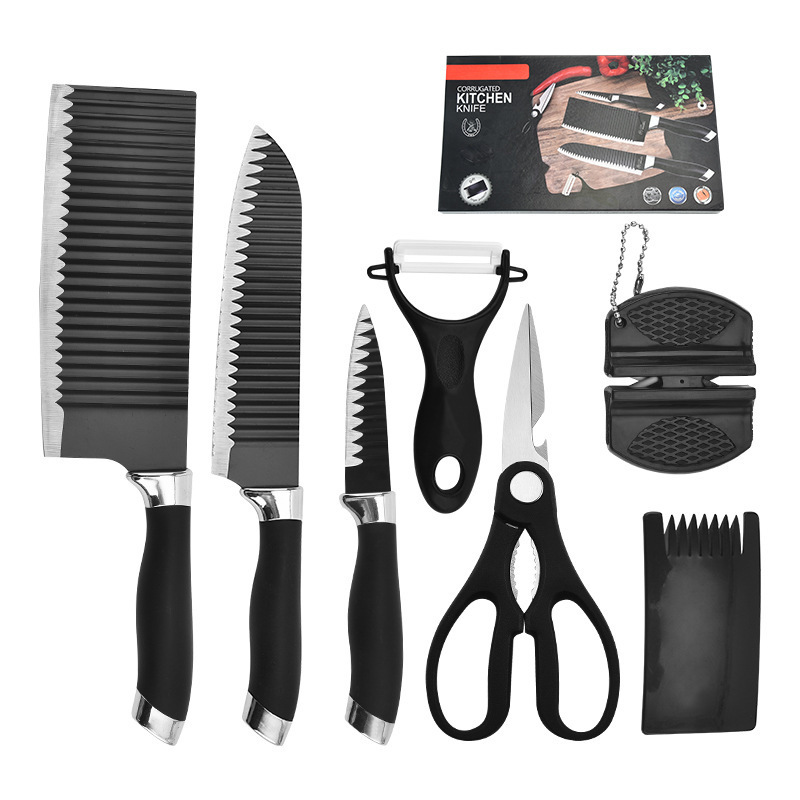 Mayorista ondulado doble cabeza galvanizada cuchillo de cocina grande cuchillo de cocina de siete piezas conjunto de cuchillos de acero inoxidable hogar