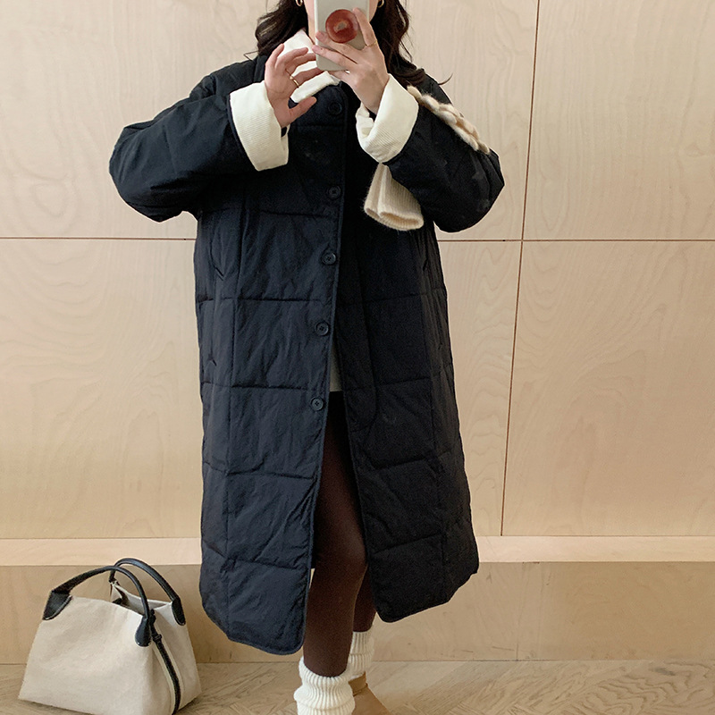 羽绒棉服女中长款过膝冬新款韩版轻薄寸衫领宽松显瘦棉服外套|undefined