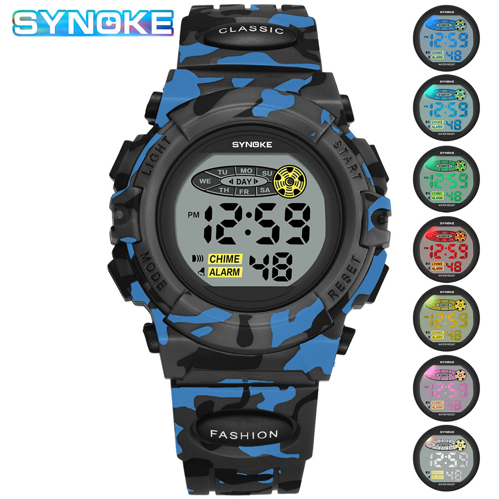 SYNOKE nuevo sudeste asiático popular colorido luminoso niños estudiante reloj electrónico personalizado camuflaje reloj deportivo