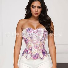 跨境欧美新款不规则蕾丝双层贴合骨衣宫廷束身衣ins印花塑身衣