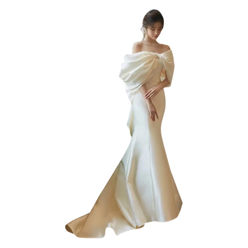 Vestido DE BODA ligero de estilo francés nupcial elegante satén fuera del hombro arco fishtail Mori Bienvenido vestido de viaje image 1