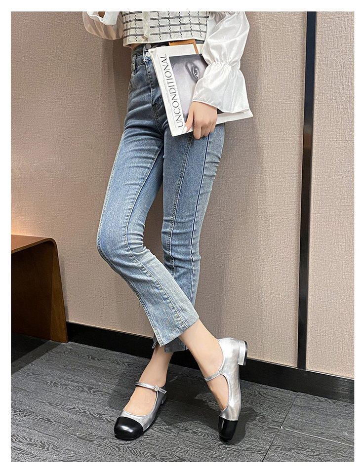 Giày Mary Jane nữ đế bằng da mềm miệng nông mũi vuông phối màu một dây ngang — Màu bạc, Màu mơ, Đen vàng kim chi tiết 22