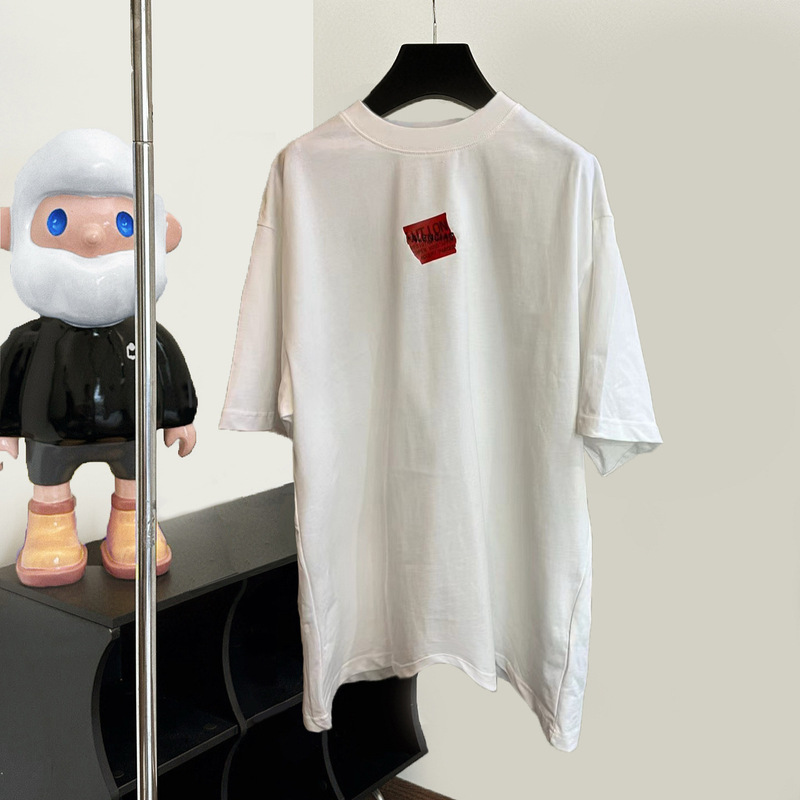 Paris Correct Version B Family Red Tape Embroidered Letters Trendy Brand Men's and Women's Pure Cotton High Version Small Neckline Short-Sleeved T-Shirt