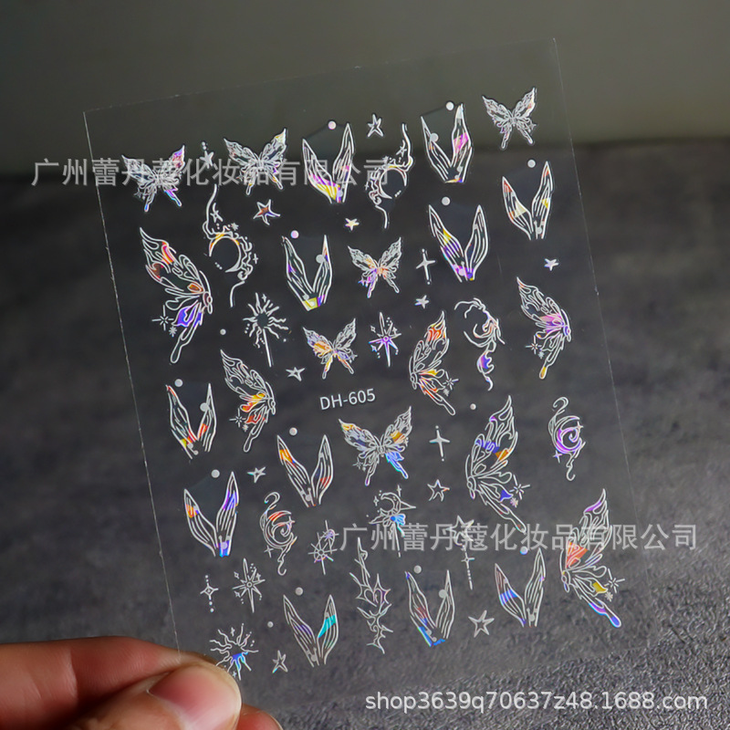 Pegatinas de uñas populares elegantes pétalos blancos semitransparentes mariposa fragmentos de vidrio de Aurora de colores con pegatinas adhesivas para uñas