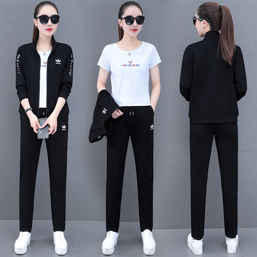 Elastic sportswear casual set for women, 3-piece set,  spring and autumn new fashion slimming stand-up collar zipper set