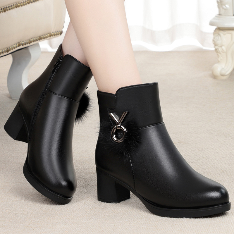 22新款冬女短靴中跟粗跟防滑底妈妈棉鞋PJ1028加大码43