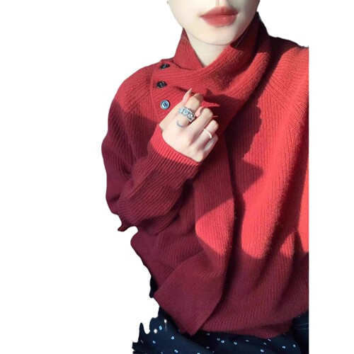 Unique and beautiful red women's sweater with Korean design sense, high-end soft and fluffy turtleneck knit top for autumn and winter, lazy style.