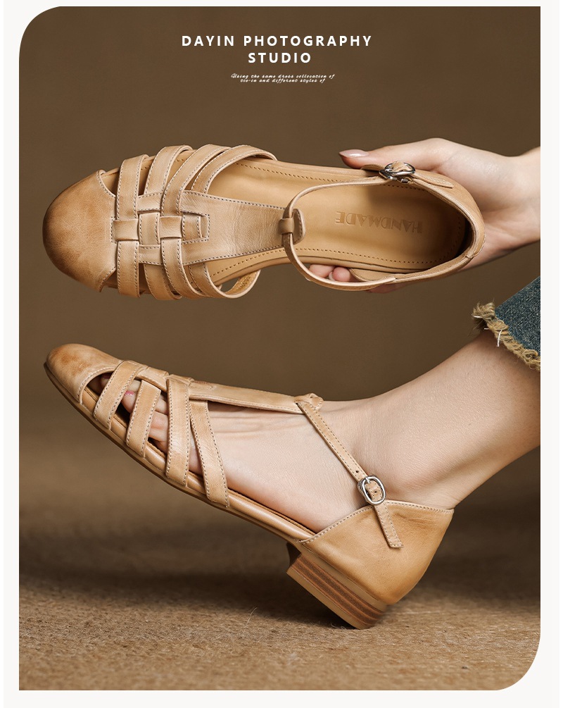 Sandal nữ mũi nhọn da bò quai chữ T gót thấp phong cách La Mã — nâu chi tiết 4