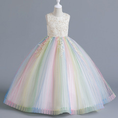 Little Girl Formal Dress Sleeveless Net Organza Puff Skirt Princess Dress Long Rainbow Hem Ball Gown Evening Dress Piano Performance Costume