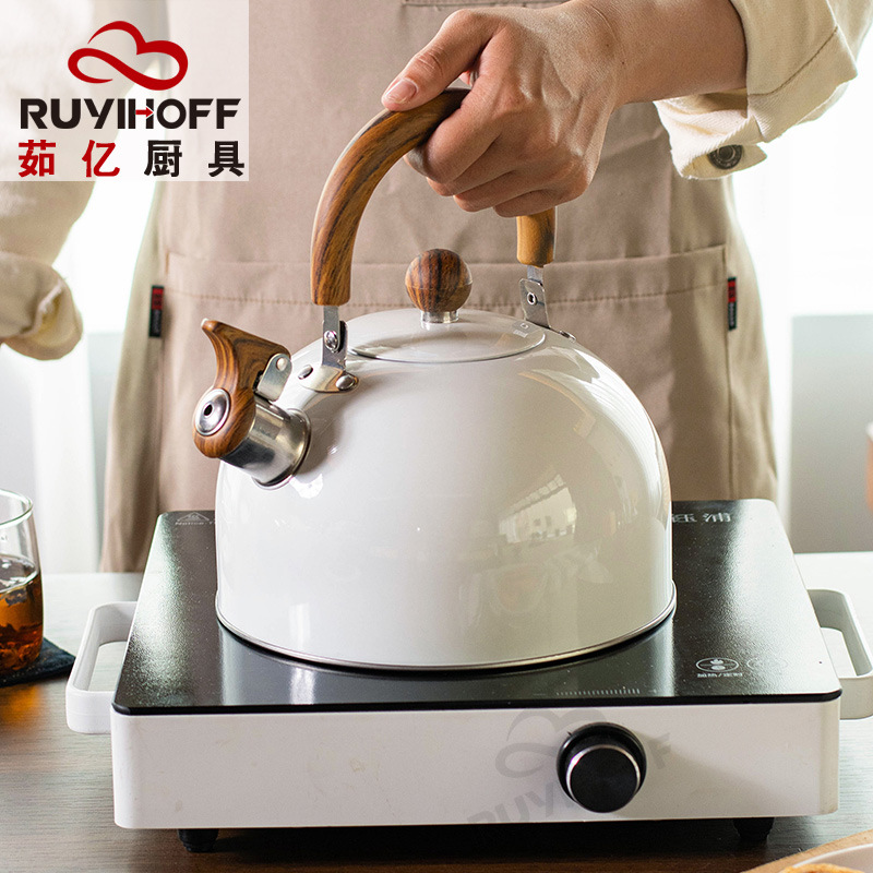 Amazon nuevo blanco silbato hervidor té café sonido 3L europeo y americano utensilios de cocina mango grano madera