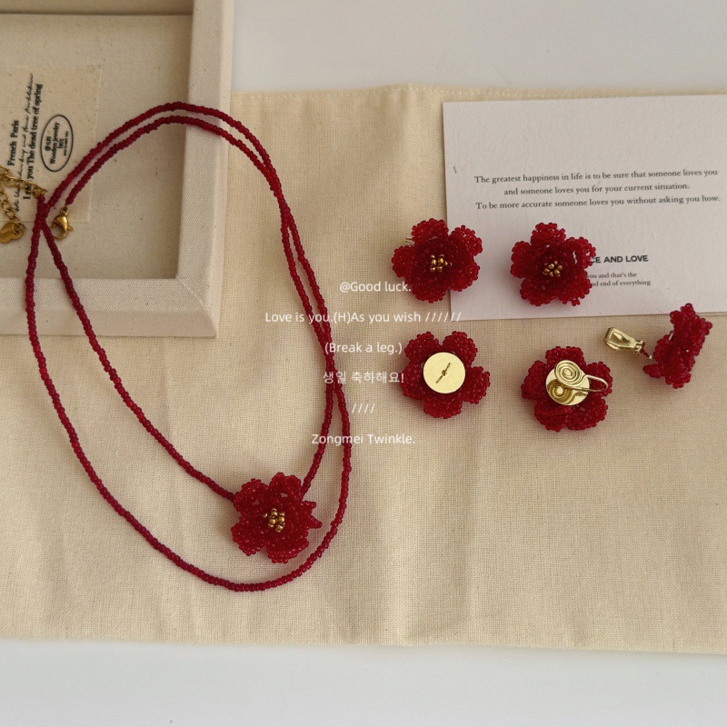 Red Camellia Double-Layer Stacked Necklace/Earring Set Women's Choker New Year Accessories Bridal Clavicle Chain