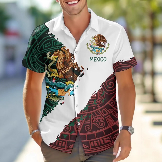 Cross-Border New Style Men's Shirts European and American Mexican Beach Casual Lapel Printed Four-Way Stretch Short-Sleeved Shirts for Men