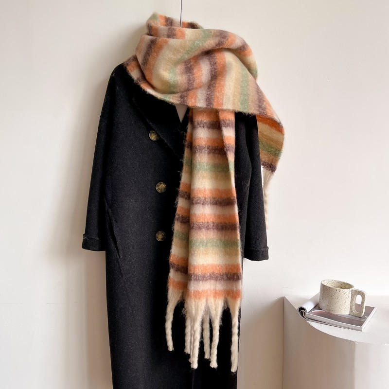 Otoño e Invierno moda estilo coreano rayas contraste color bufanda versátil gruesa caliente borla gruesa trenza mohair bufanda chal