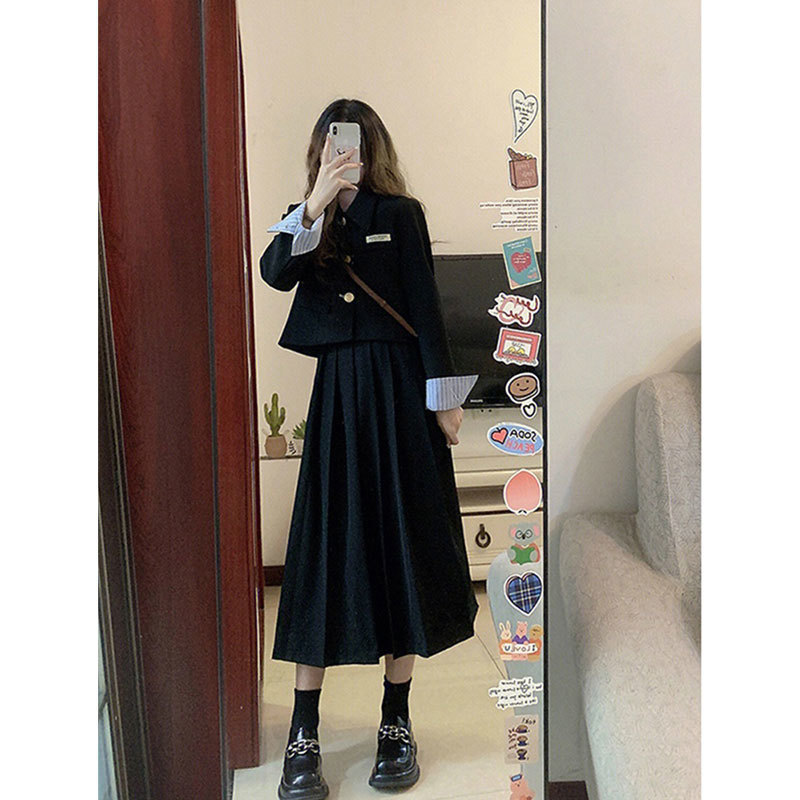 学院风精致黑色西装套装女高级感春装新款外套半身裙两件套小个子|undefined
