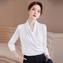 白色雪纺衬衫女长袖宽松免烫早春法式简约通勤衬衣女职业面试上衣