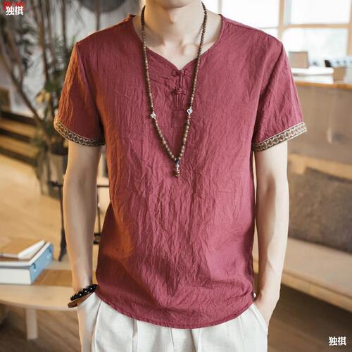 Slim Linen Cotton Mesh Men's Short Sleeve T-Shirt Summer Men's Trendy Personality Upper Clothes Short Axle Ture