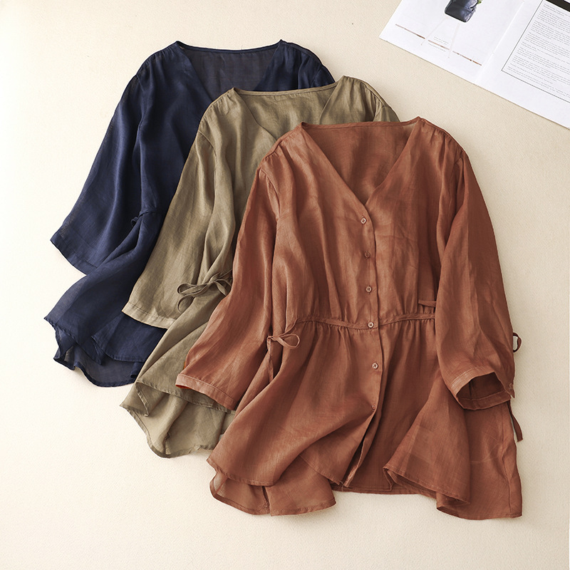 Summer New Style Solid Color Simple Versatile Age-Reducing Shirt for Women, Loose Fit, Slimming, Lightweight Cotton-Linen Casual Shirt