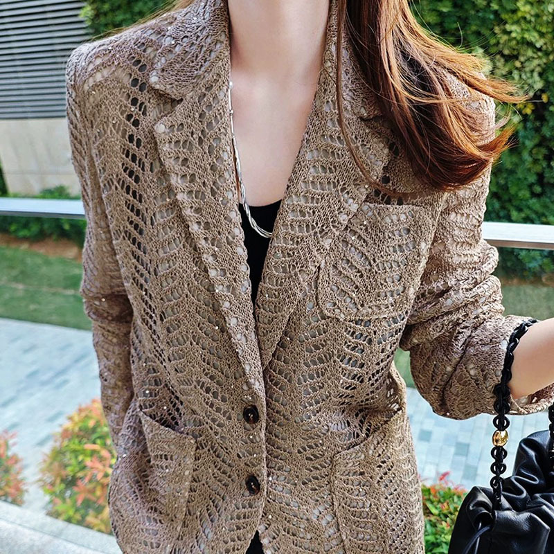 Factory Direct Sale 25Th Autumn/Winter New Sequin Hollow-Out High-End Heavy-Duty Suit-Style Elegant Hollow-Out Crochet Yarn Jacket for Women