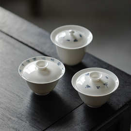 青花手写诗文盖碗中式功夫茶具白瓷家用泡茶碗不烫手茶碗