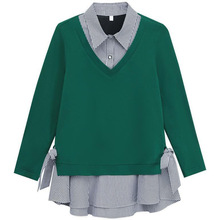 棉大码假两件女上衣2025秋季新款韩版宽松遮肚长袖t恤女装小衫