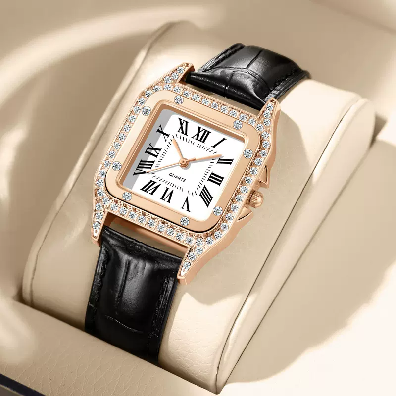 厂家现货抖音爆款镶钻罗马纹方形女士手表女款皮带石英表一件代发
