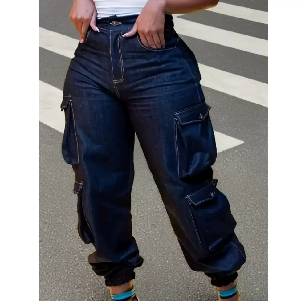 美区可一件代发-跨境大码女式高腰弹力多口袋牛仔长裤